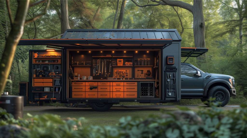 A Ford F150 truck outfitted as a portable workshop with tool storage, workbench, and solar-powered generator under an extended awning.