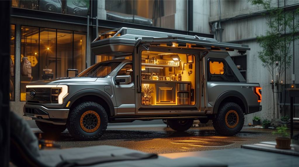 A custom Ford F150 pickup truck outfitted as a portable pet grooming salon with a bath station, grooming tools, and a comfortable waiting area for pets.