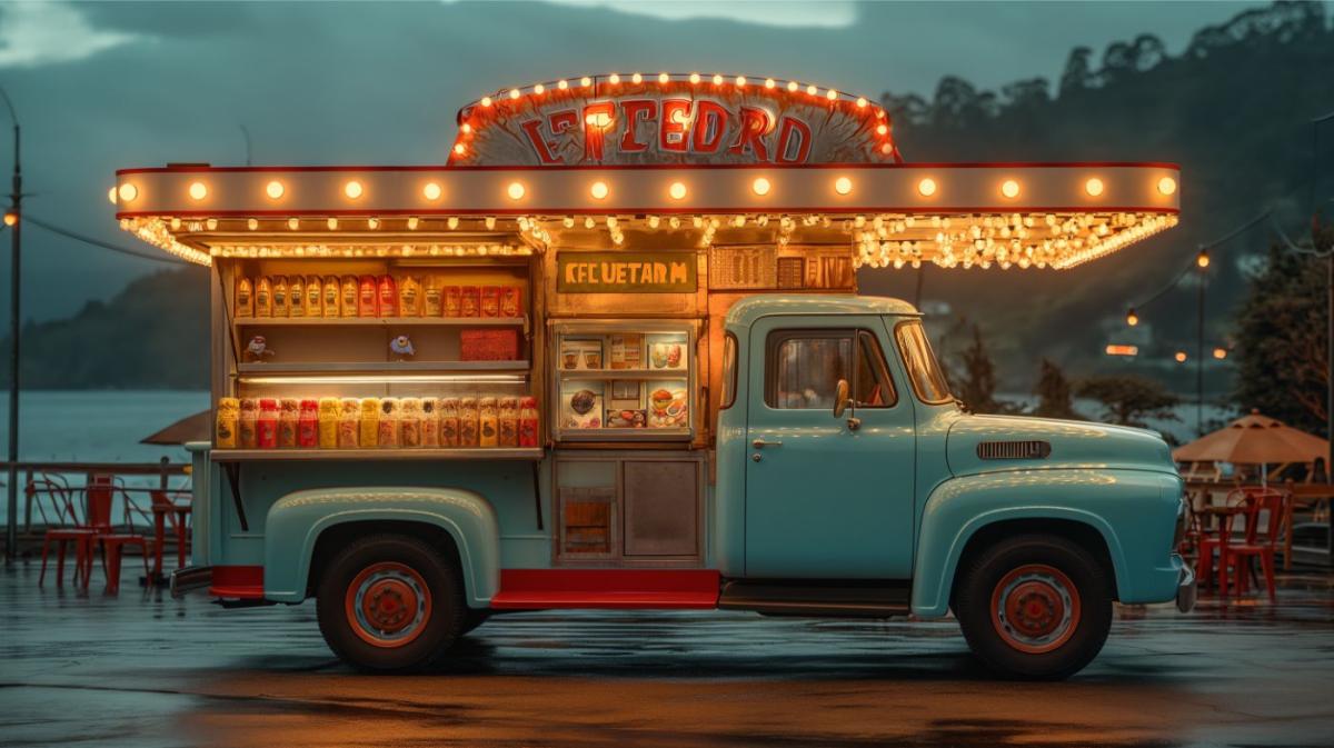 A retro-inspired Ford F150 truck transformed into an ice cream parlor on wheels, featuring a freezer, toppings bar, and cozy seating area.
