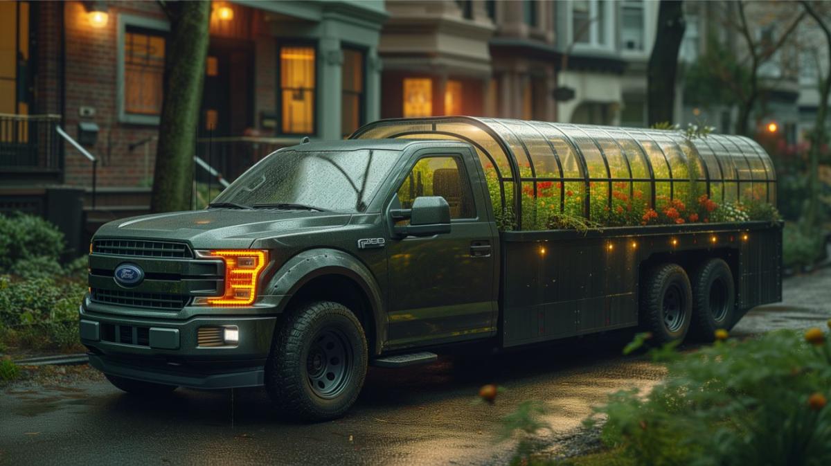 An innovative Ford F150 truck featuring an in-bed mobile greenhouse with planters and irrigation system, covered by a retractable canopy.