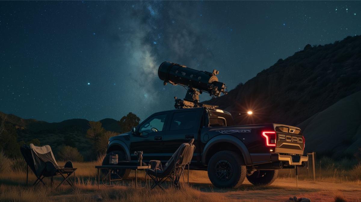 A Ford F150 pickup truck equipped with a high-powered telescope and retractable roof, perfect for mobile stargazing enthusiasts.