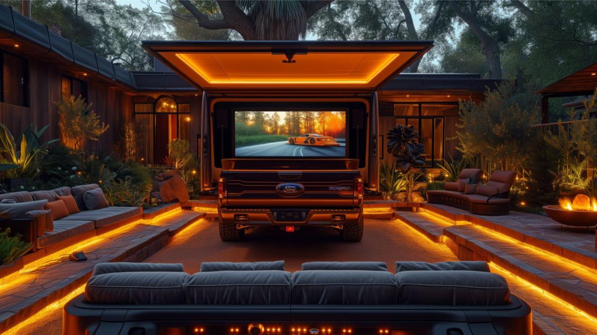 A Ford F150 pickup truck outfitted as an entertainment hub with a retractable screen, sound system, gaming consoles, and a mini-bar for the ultimate tailgate experience.