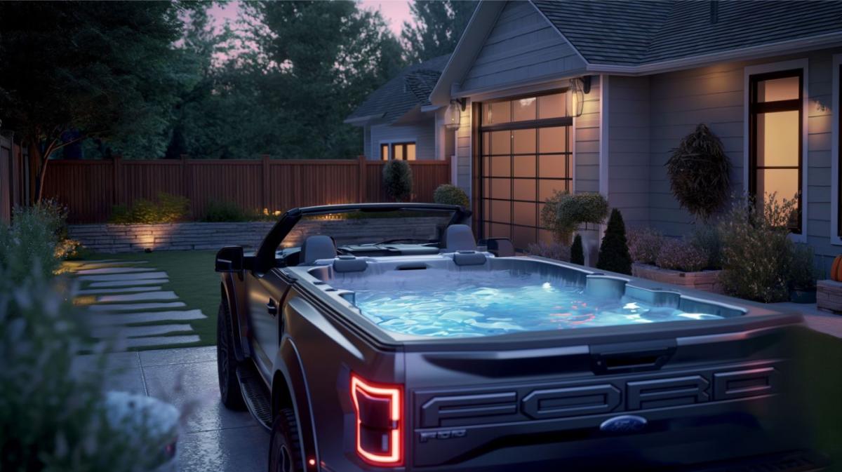 A Ford F150 truck converted into a luxury spa on wheels, featuring a mini hot tub, massage chairs, and ambient lighting.