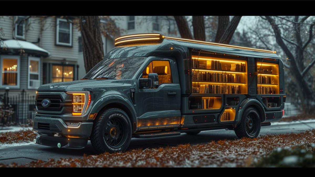 A Ford F150 truck transformed into a mobile library and reading nook, complete with bookshelves and comfortable seating.