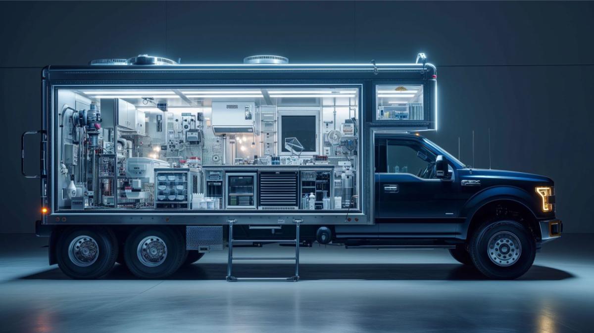 A specialized Ford F150 truck designed as a mobile science lab, complete with microscopes, a lab area for experiments, and educational materials.