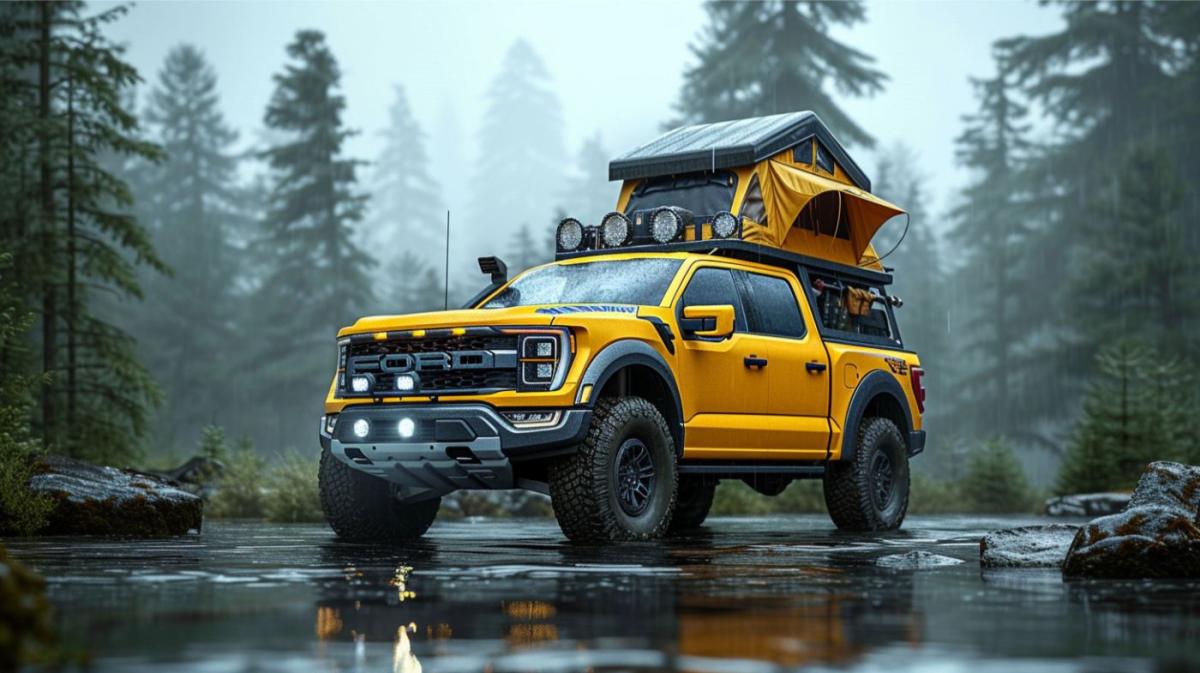 A Ford F150 equipped with rooftop tent and kitchenette, transformed into an adventure base camp truck ready for outdoor escapades.