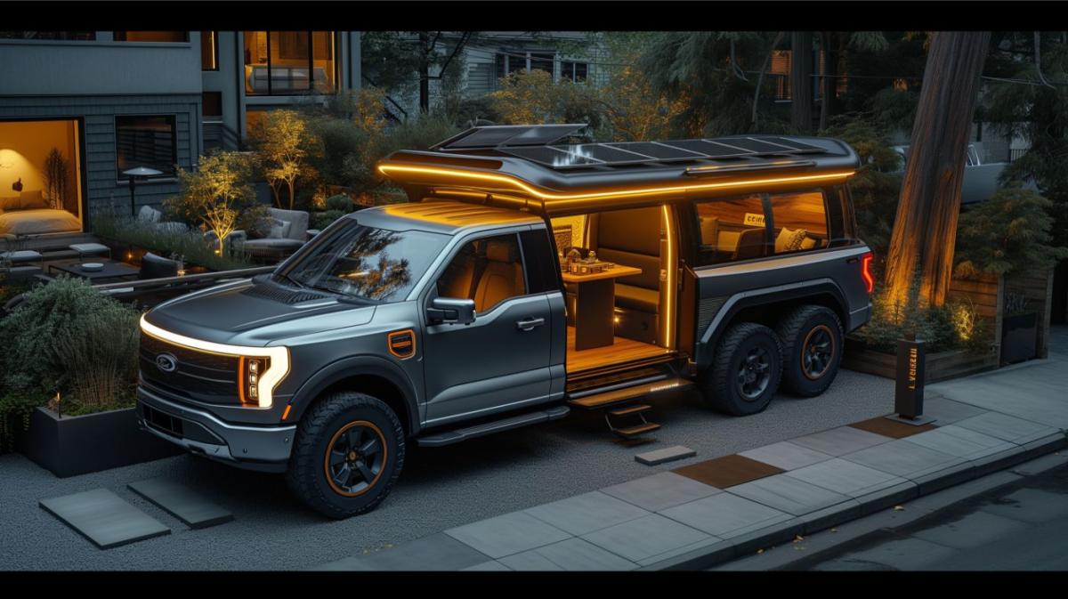 A Ford F150 pickup truck modified with a retractable roof and solar panels, designed as a mobile office suite with fold-out desk and ergonomic seating.
