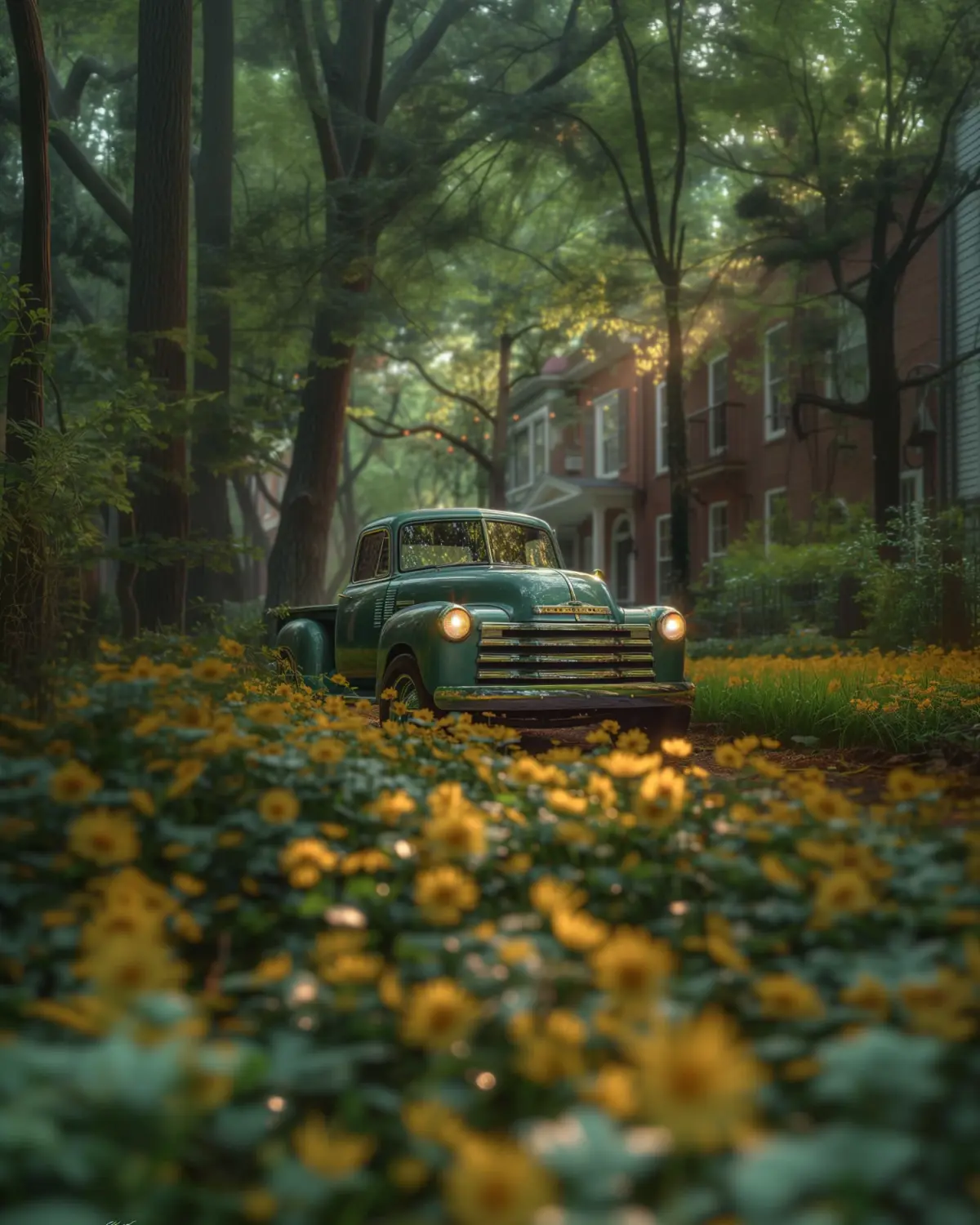 Classic Chevy truck with an eco-friendly electric conversion in an urban park