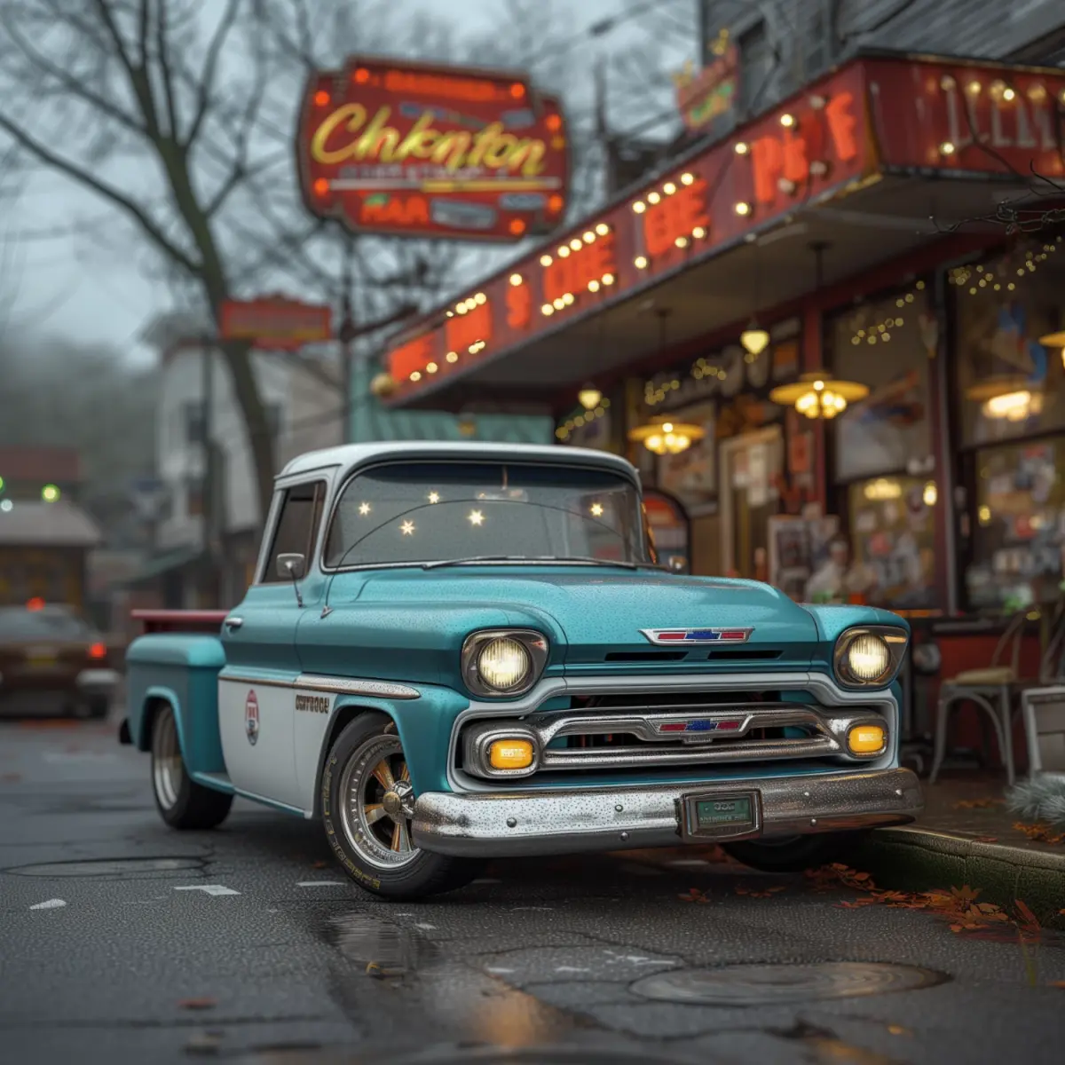 Classic Chevrolet C10 with a vibrant retro paint job in a suburban setting