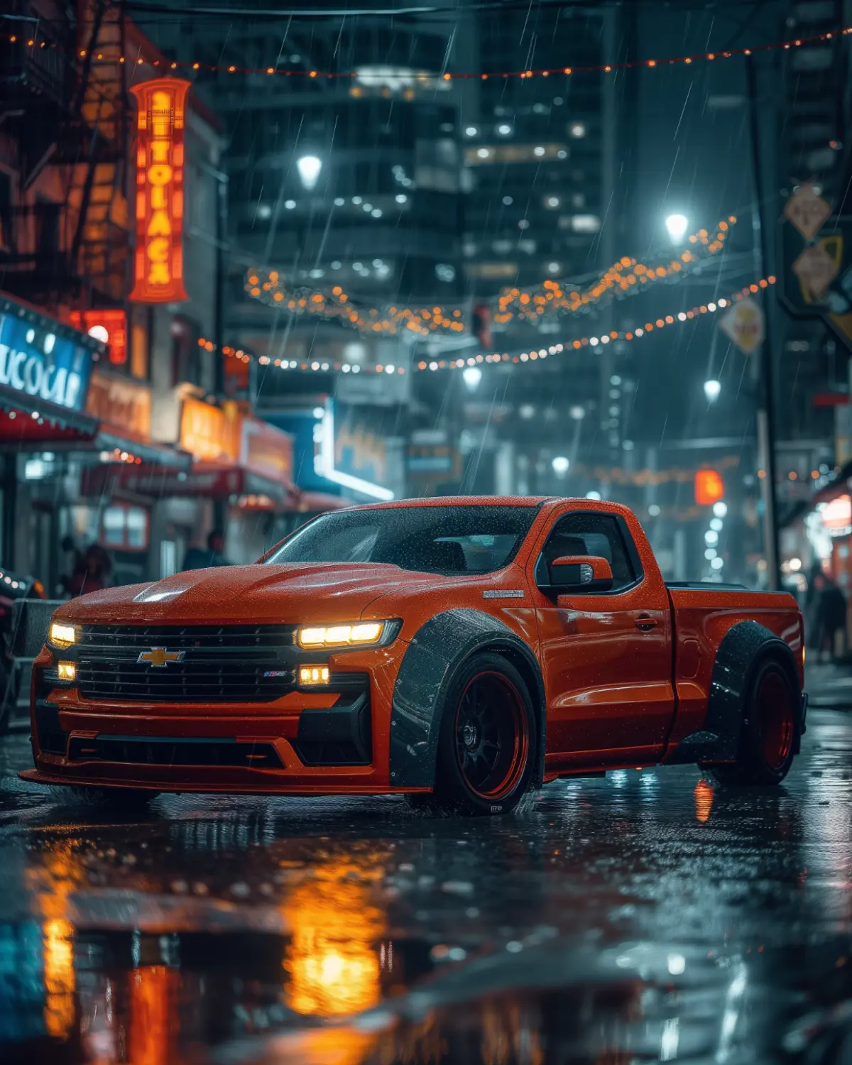Street performance oriented Chevrolet S10 in an urban night scene