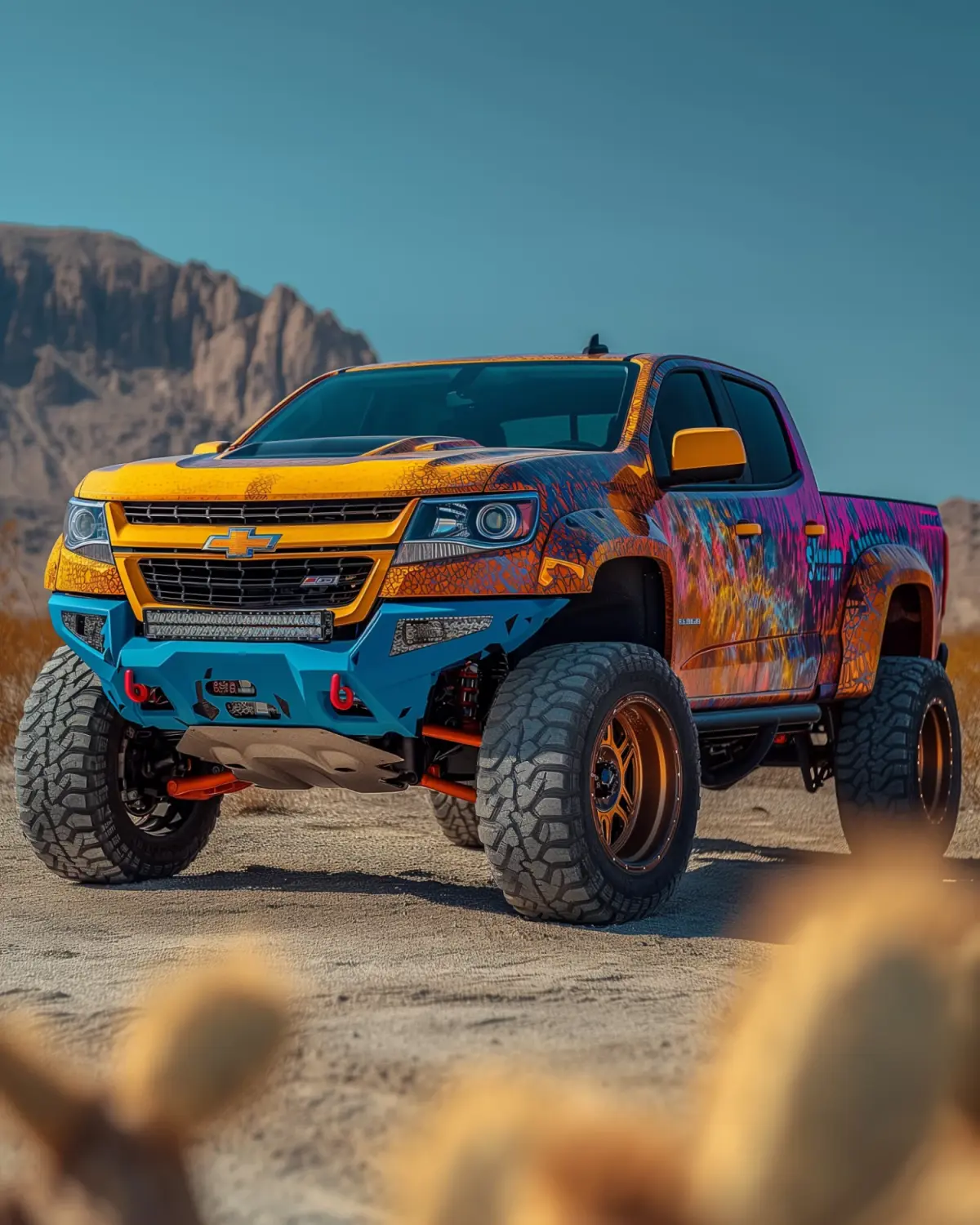 Lifted Chevrolet Colorado with striking bold graphics in an off-road environment