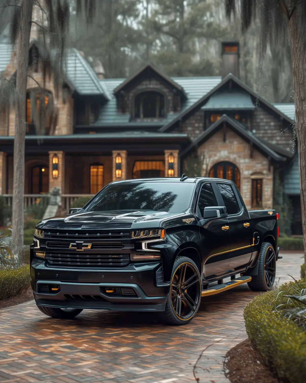 Luxurious Chevrolet Silverado with high-end interior upgrades in an elegant setting