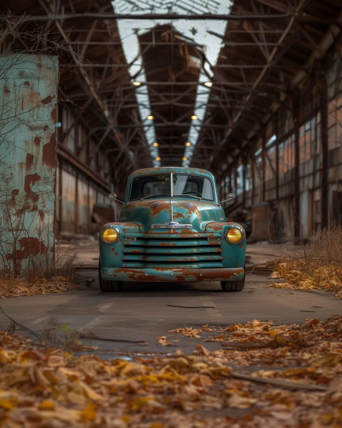Vintage Chevy 3100 with a patina finish and modern chassis near a rustic barn