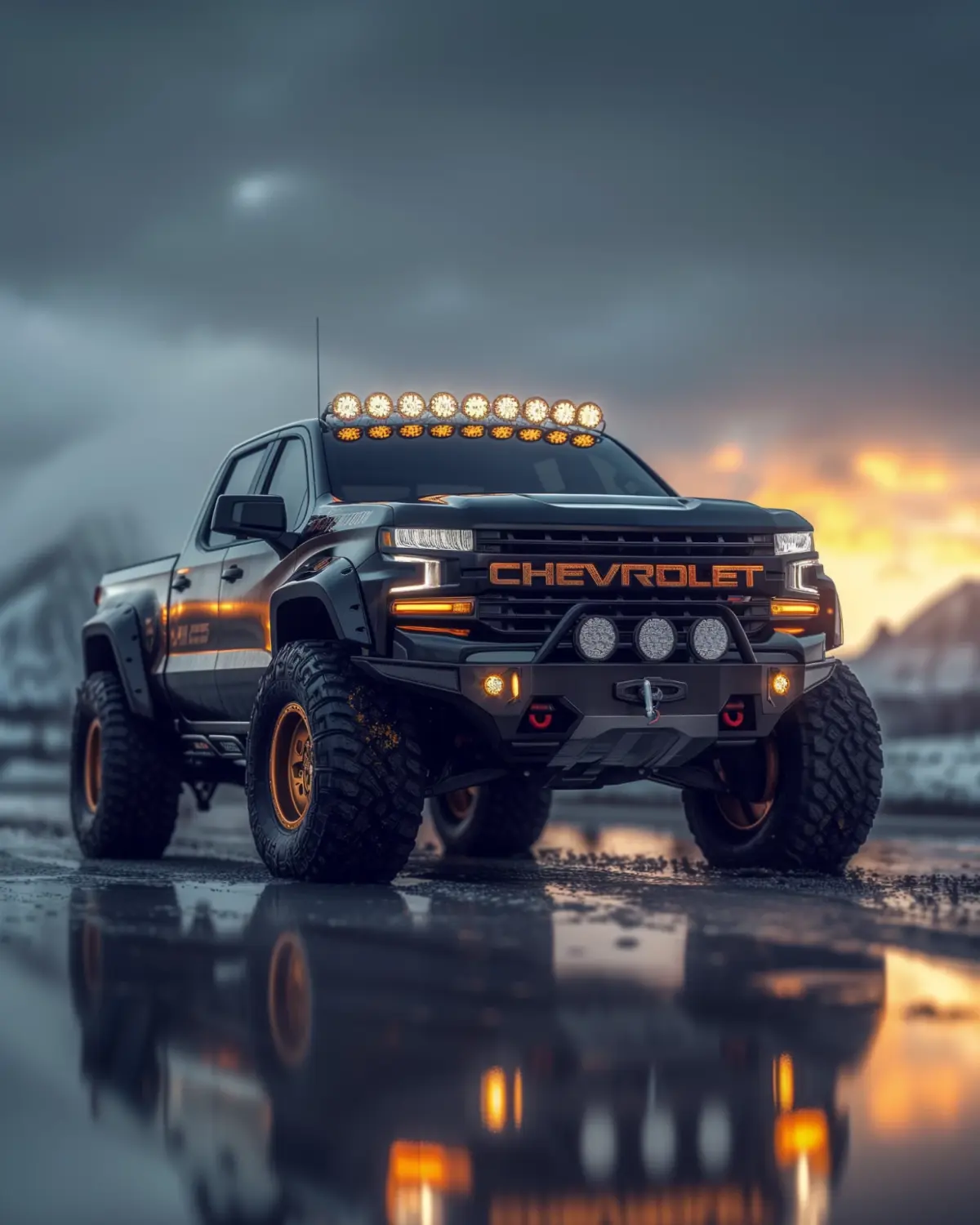Modern Chevrolet Silverado with aggressive off-road modifications in rugged terrain