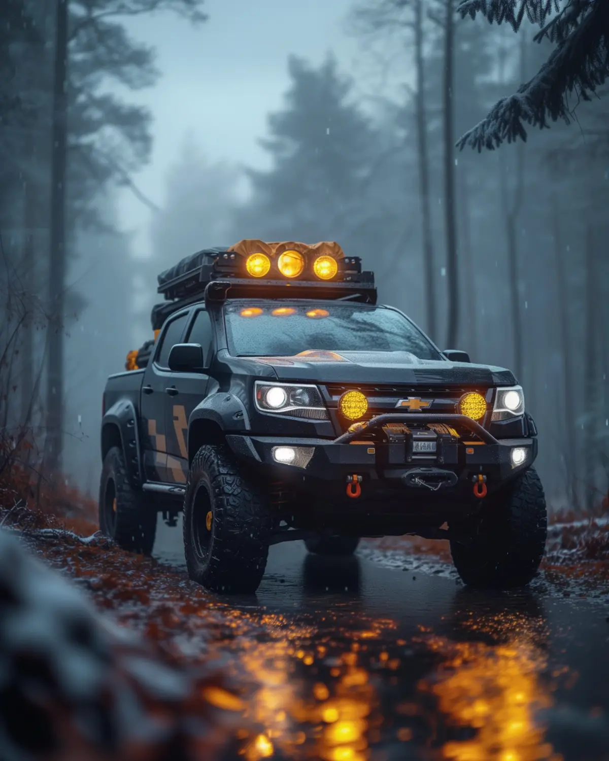 Tactical-themed Chevy Colorado equipped for outdoor adventures in the wilderness