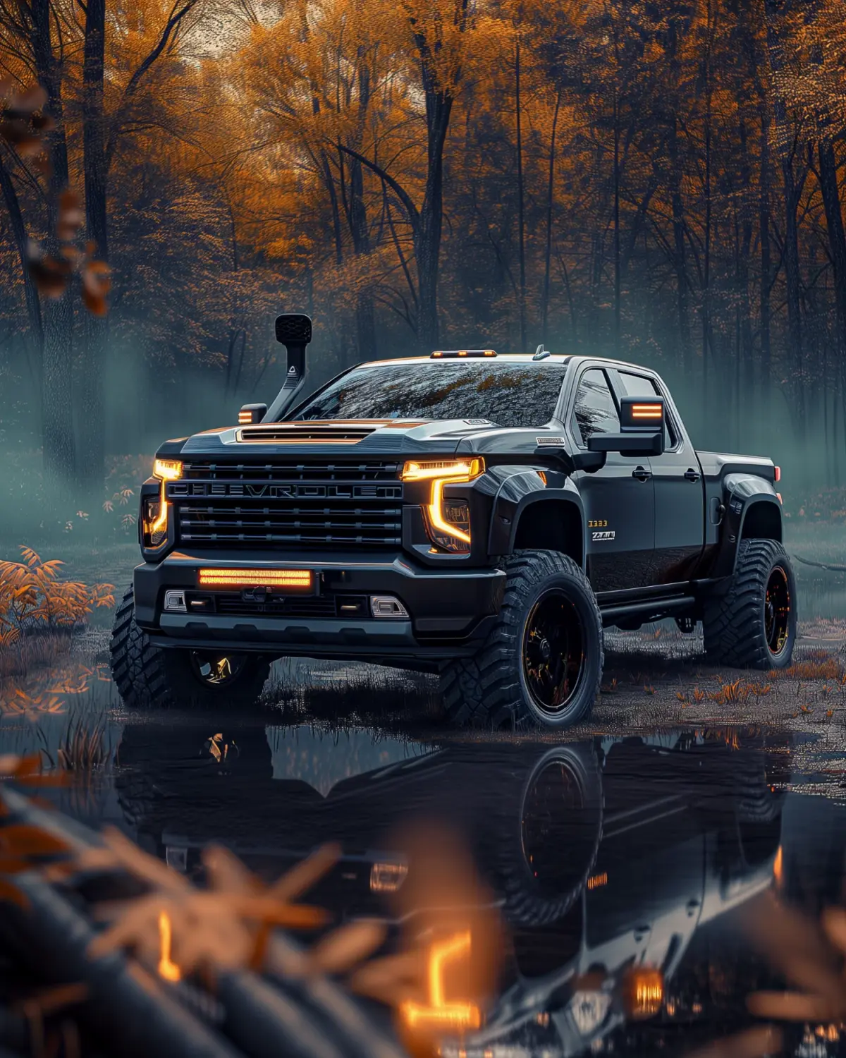 Off-road ready Chevrolet Silverado with a lift kit and snorkel on a challenging trail