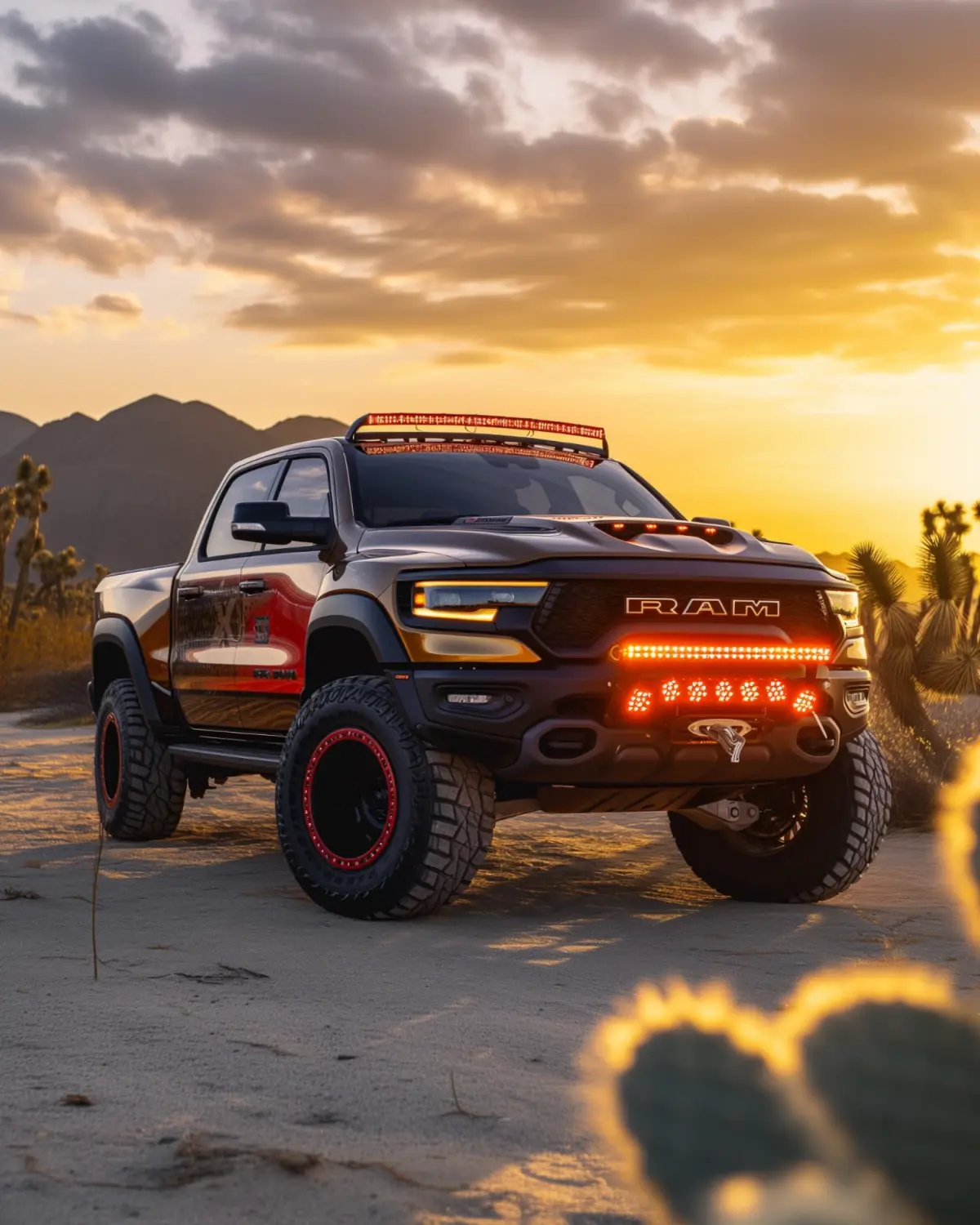 Custom Wrapped Dodge Ram Rebel with lift kit in desert landscape