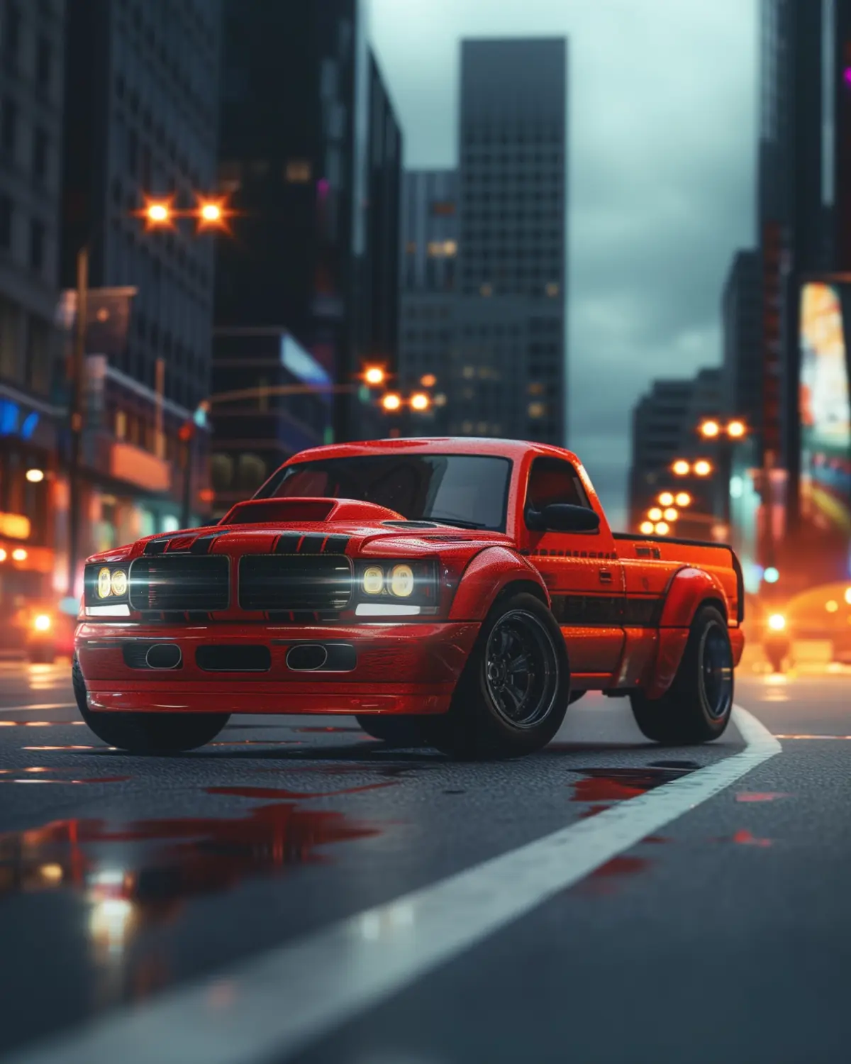 Red Dodge Dakota with street performance modifications in city setting