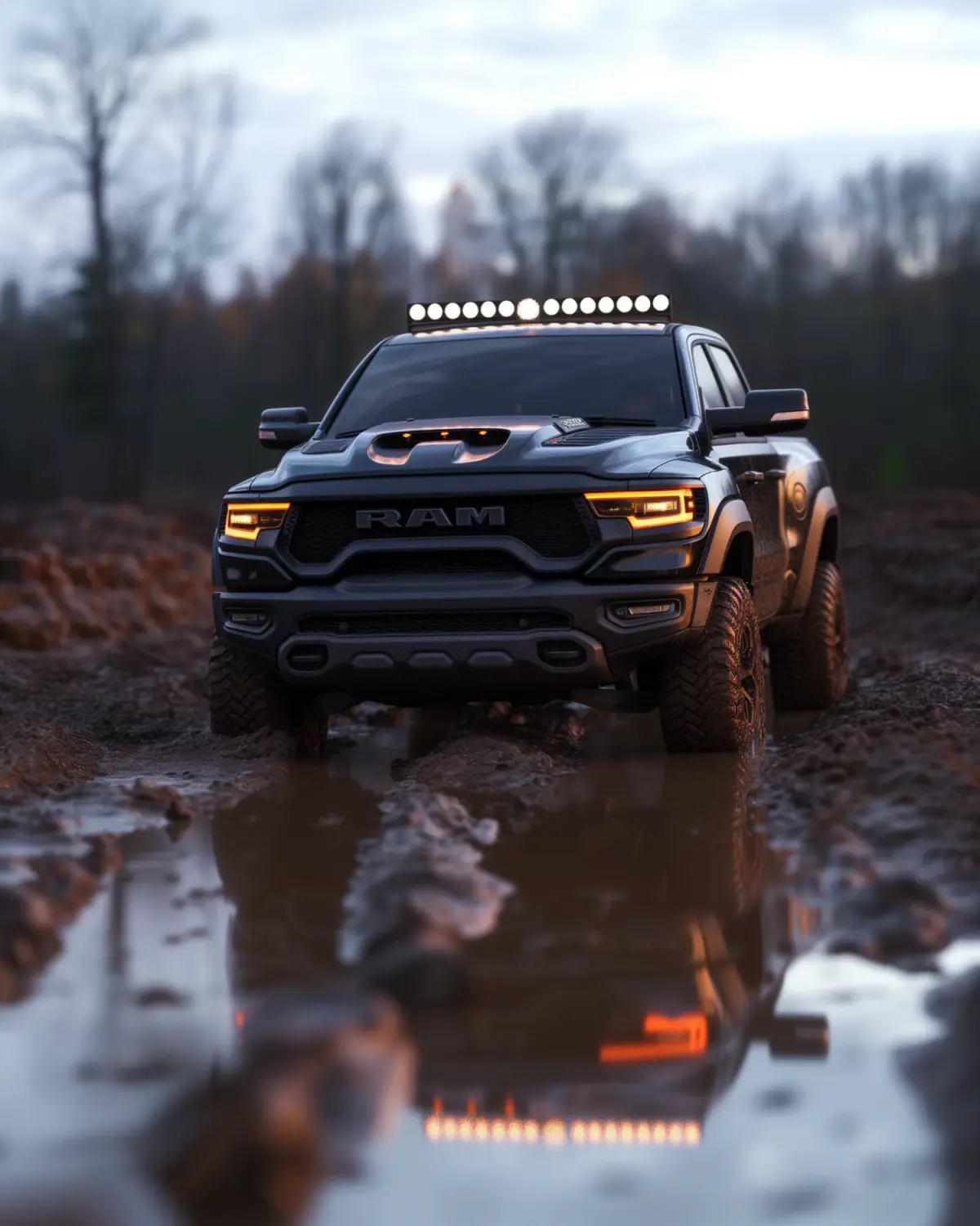 Modified Dodge Ram 1500 with off-road features in muddy terrain