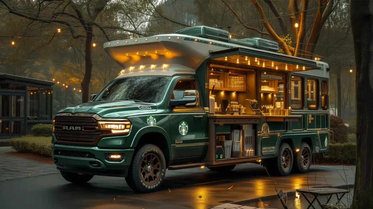 Starbucks branded Dodge Ram as a mobile coffee shop in an urban park.