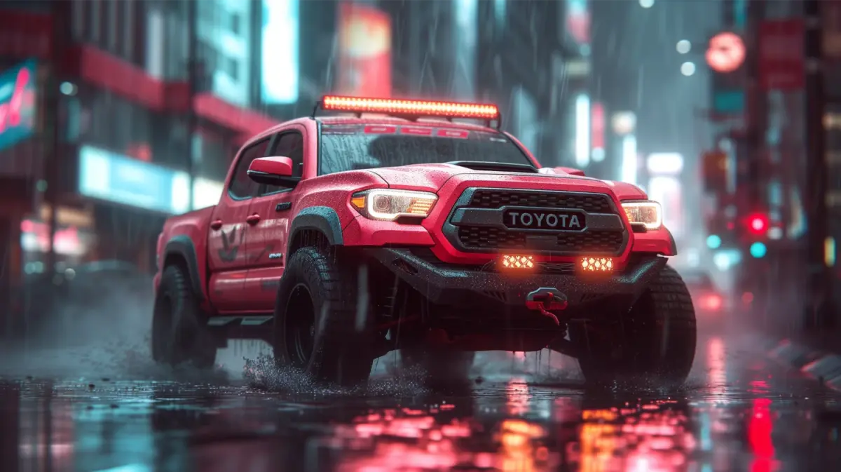 Wendy's themed Toyota Tacoma with street performance mods and neon lights in an urban setting.