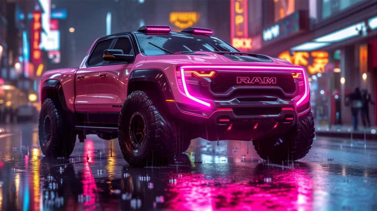 Taco Bell inspired Dodge Ram with futuristic modifications in a modern cityscape.