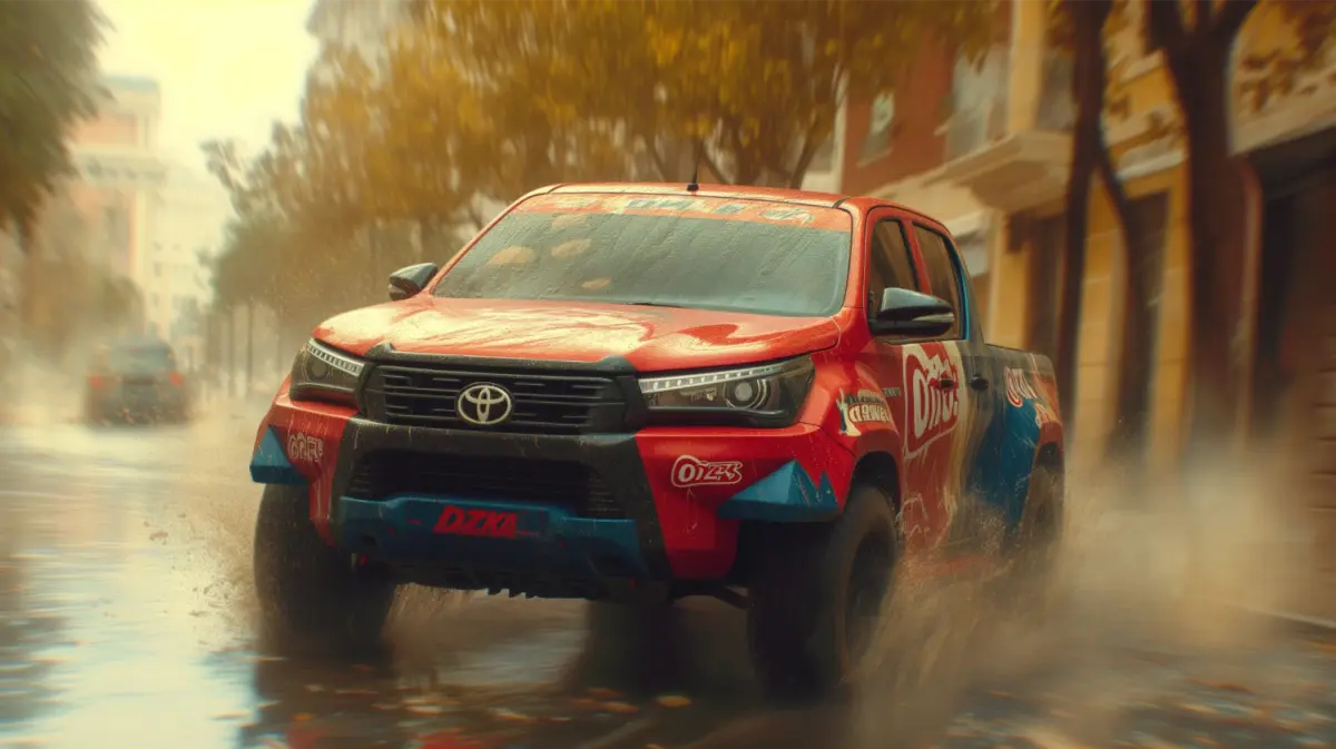Domino's Pizza themed Toyota Hilux designed for fast delivery in an urban night setting.