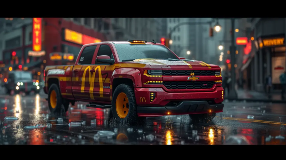 McDonald's themed Chevrolet Silverado with red and yellow custom wrap in an urban setting.